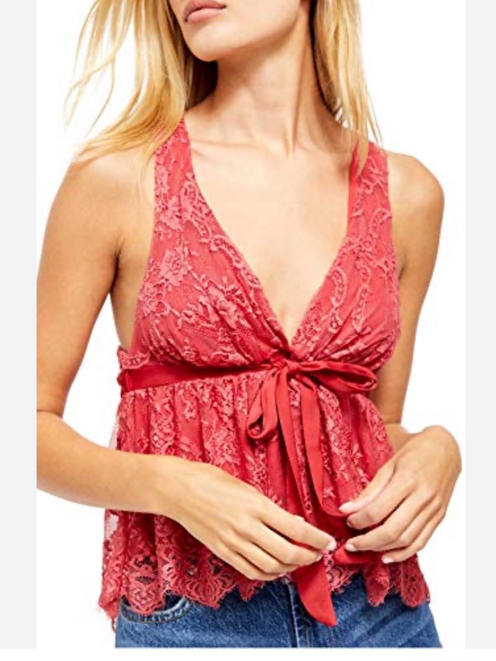 Free People Chante Lace Tie-Front Tank Top In Frenchie Kiss Size S Red Pink $88